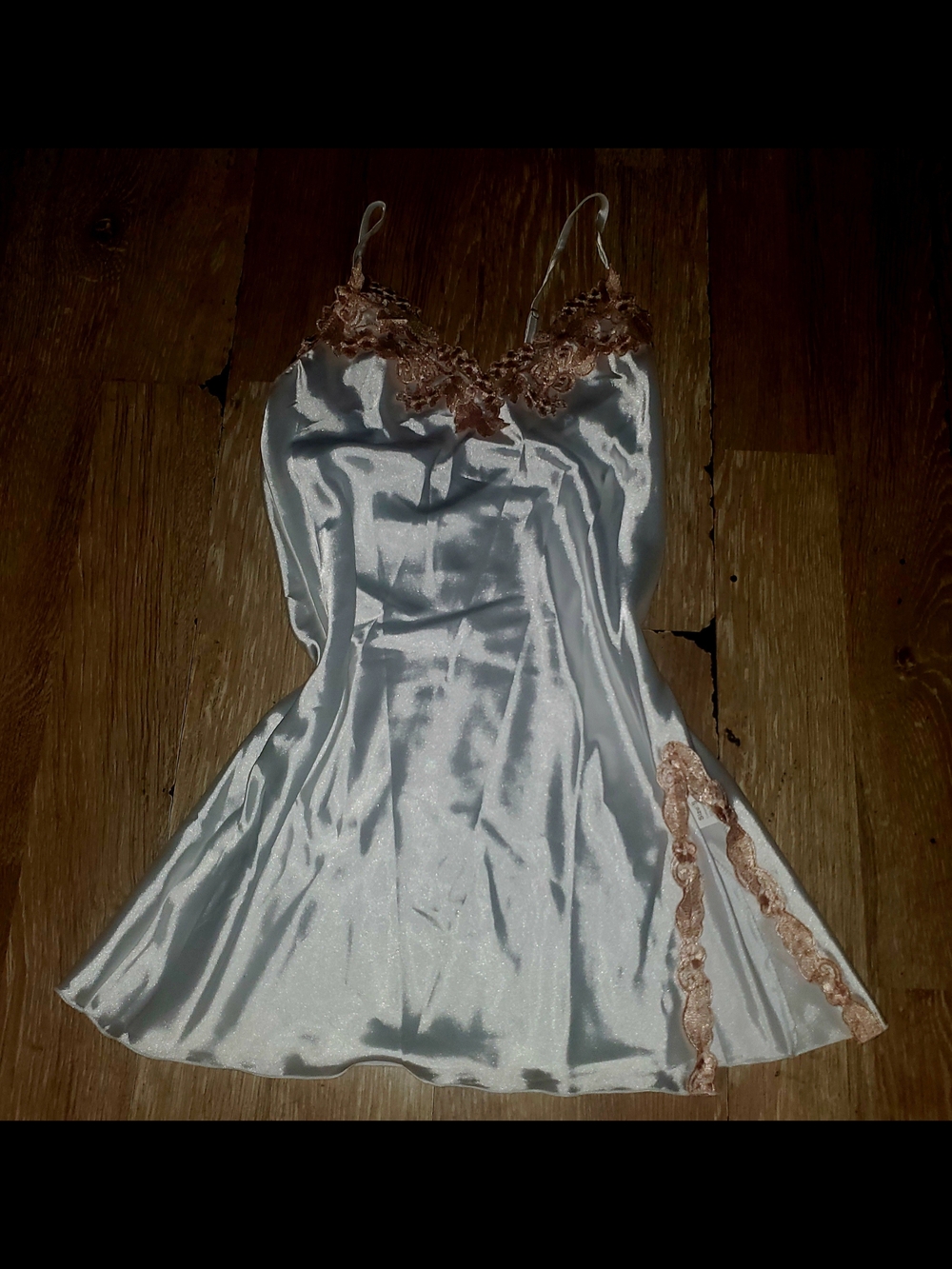 Womens Sleeveless White Satin & Tan Lace Slip Dress
